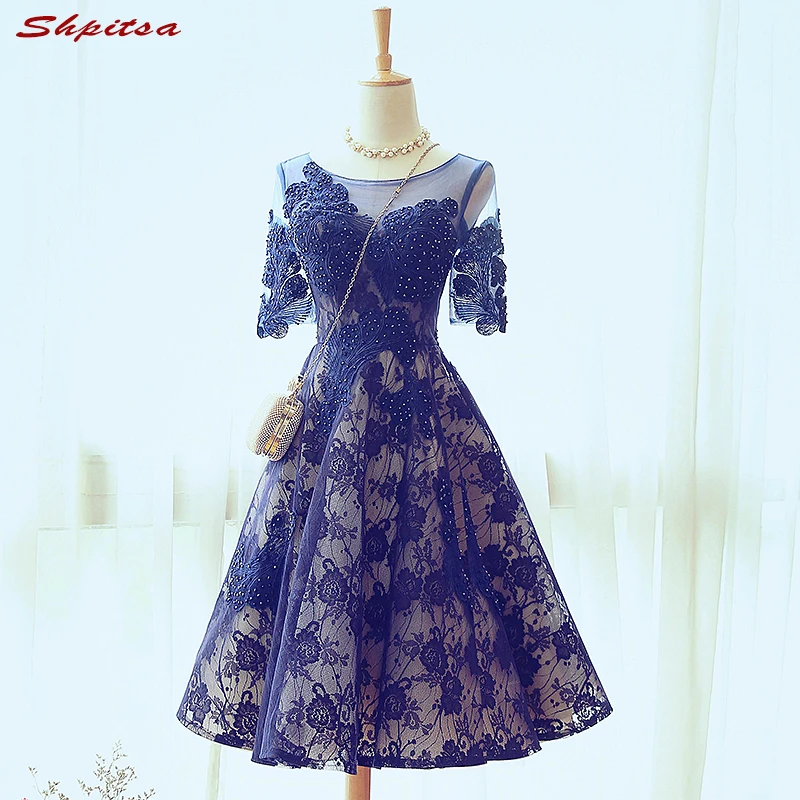 

Sexy Blue Short Lace Cocktail Dresses Womens Beaded Prom Coctail Dress for Party jurk vestidos de coctel renda