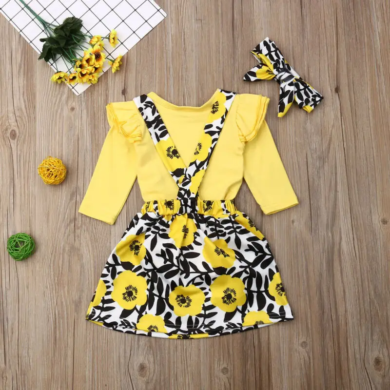 3PCS Toddler Baby Girls Long Sleeve Romper Sunflower Bib Skirt Outfits Cotton | Мать и ребенок