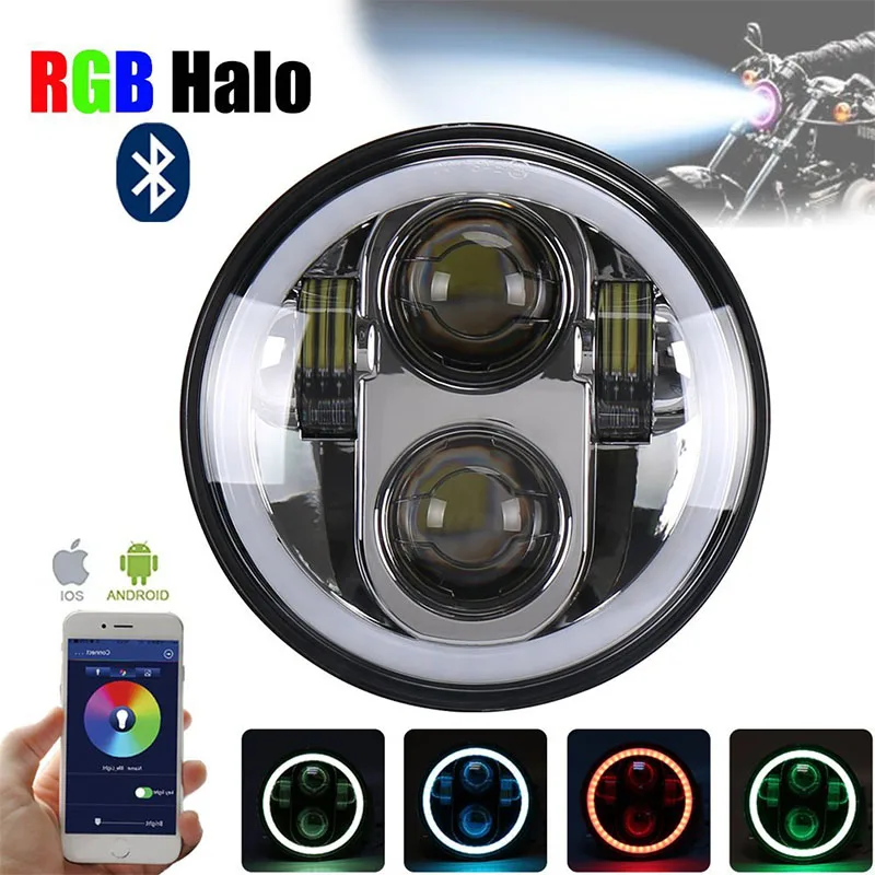 Фара светодиодная черная/хромированная 5 75 дюйма с кольцом ореолом RGB для Harley