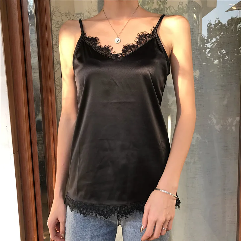 Летний Атласный топ на бретелях, женские топики Roupas Slik, летние кружевные топы, женские Топики, черные укороченные топы на бретельках размера плюс XXXL/4XL