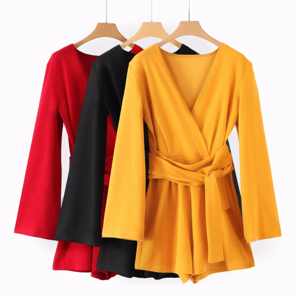 JuneLove Women Long Flare Sleeve Playsuits Vintage Sexy V-Neck Female Solid Casual Sashes Loose Lady Romper | Женская одежда