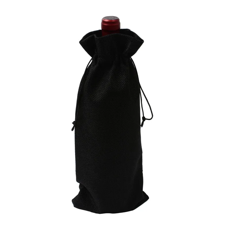 black 1 pc 15*35cm Rustic Jute Burlap Wine Drawstring Bags Wine Bottle Covers Reusable Bottle Wrap Gift Package Wine Bags - Цвет: black