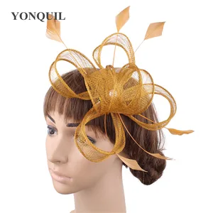 Головной убор женский свадебный золотистый, элегантная Вуалетка Sinamay для невесты, шикарный аксессуар для скачек, сетчатый головной убор для невесты