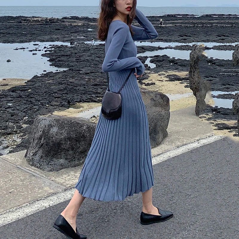 Slim Femme Fashion O-Neck Knit Pleated Dress 2018 Spring Autumn Sweater StreetWear Ladies Office Solid Color Long | Женская одежда