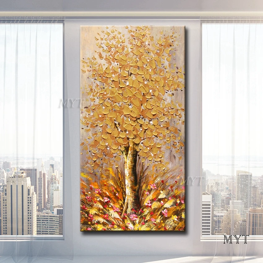 

Handmade Large New Modern Golden Tree Canvas Art Oil Painting Knife Paintings Wall Art Picture For Home Living Room Hotel Decor