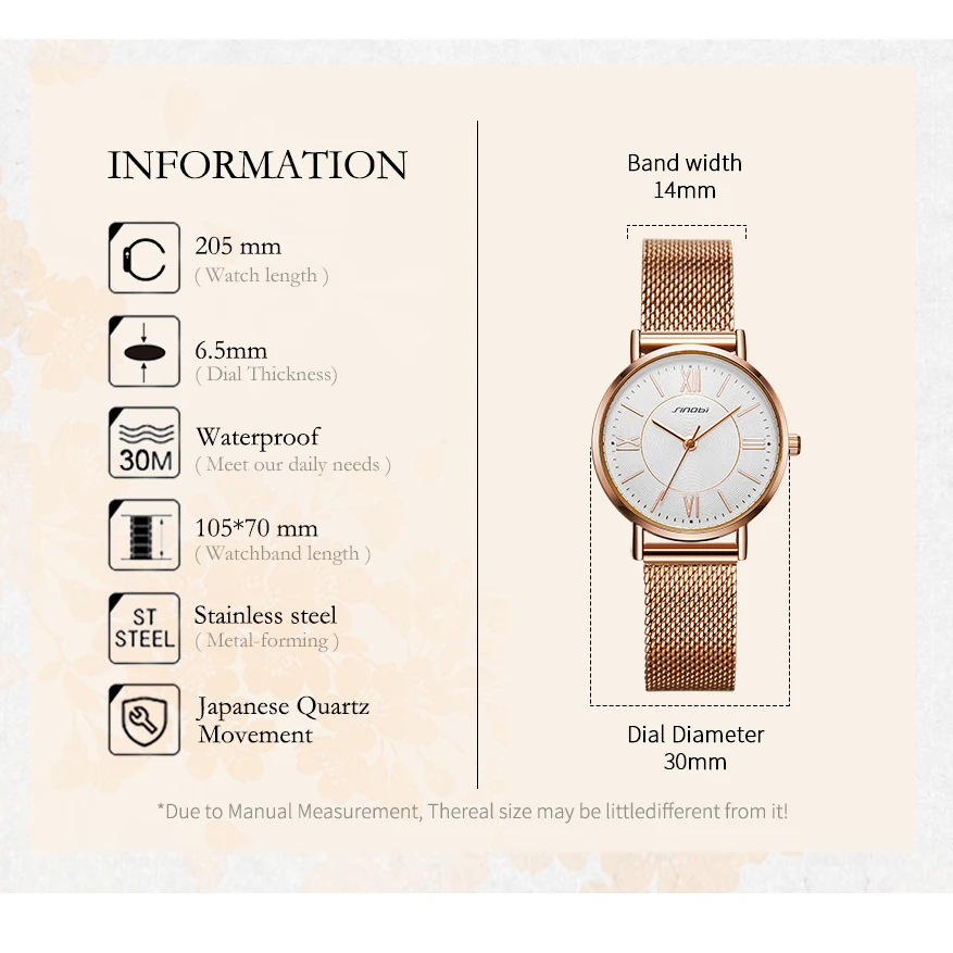 Женские наручные часы SINOBI розовые и золотые тонкие кварцевые японский стиль