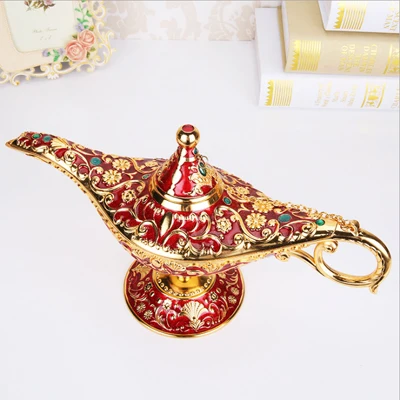 Red ERMAKOVA Colorful Large Metal Magic Genie Lamp Incense Burner Vintage Rare Legend Oil Lamp Home Office Decoration Gift - Цвет: Red