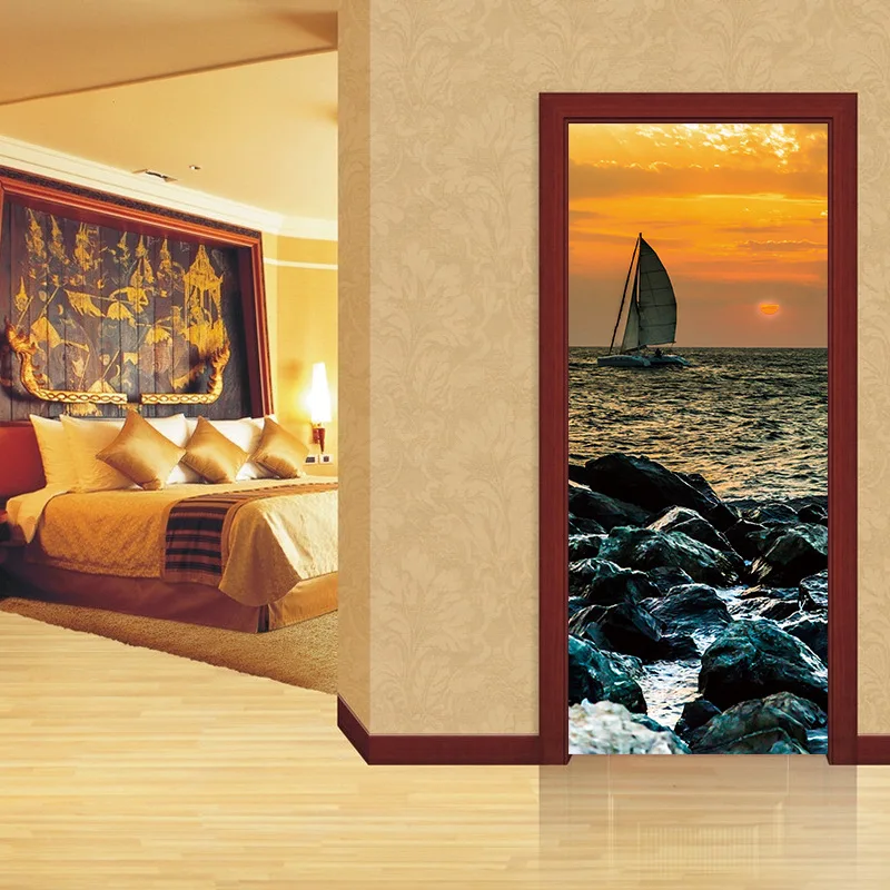 3D наклейка на дверь с крутым морем парусным закатом лодкой обоями наклейки стену