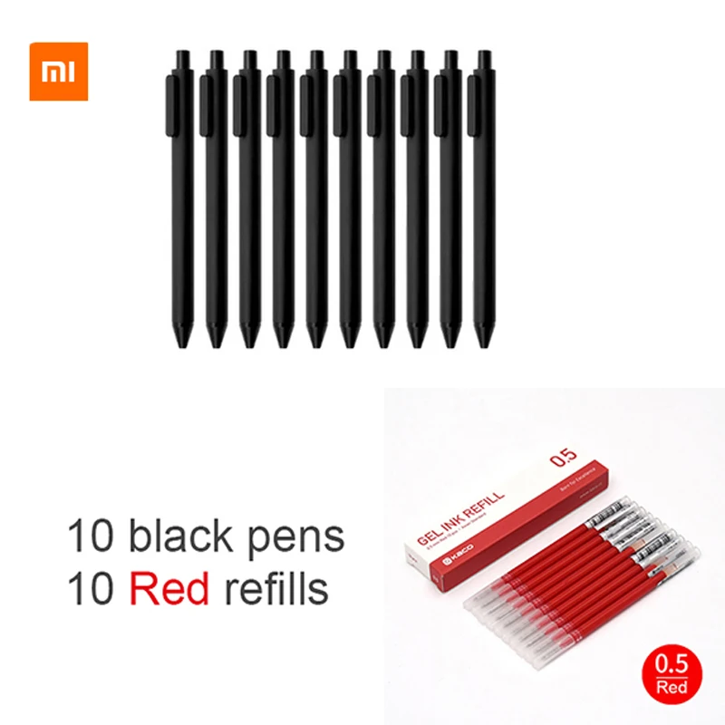 Black wth Red ink 10 шт.,, Xiao mi jia Kaco, ручка, 0,5 мм, сердечник, прочная ручка для подписи, заправлять черными чернилами, для дома, школы, офиса - Цвет: Black wth Red ink
