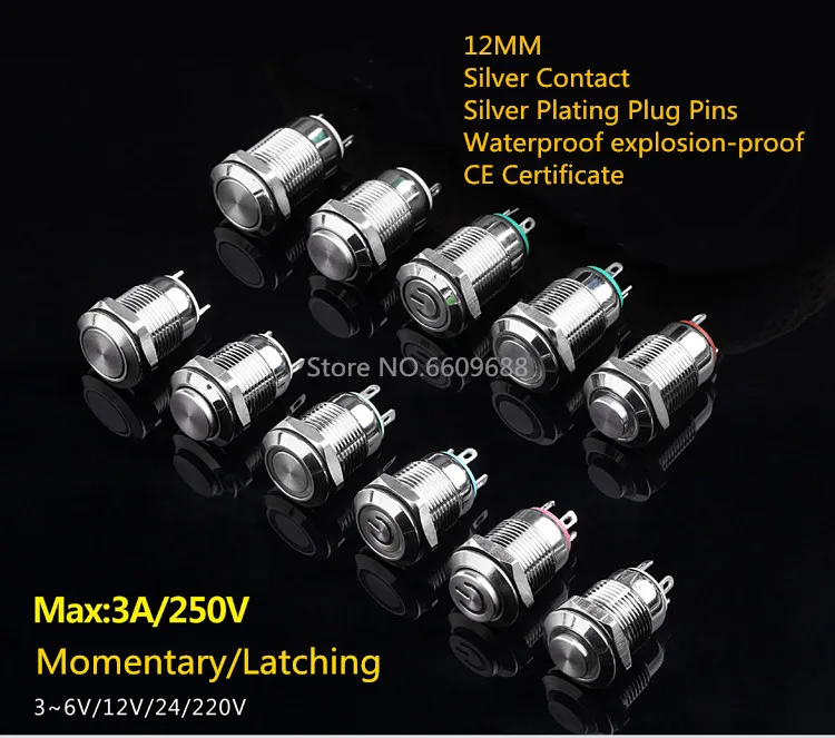 12 мм водонепроницаемый металлический кнопочный выключатель/мгновенный