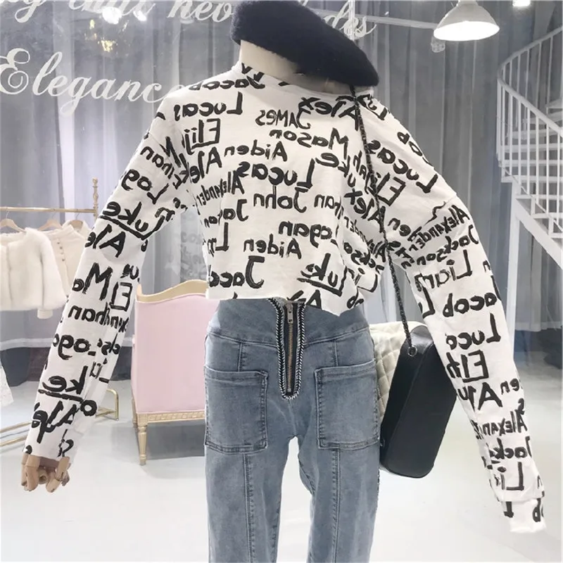 Новый Harajuku модные женские туфли короткие толстовки хип-хоп BF в стиле панк письмо