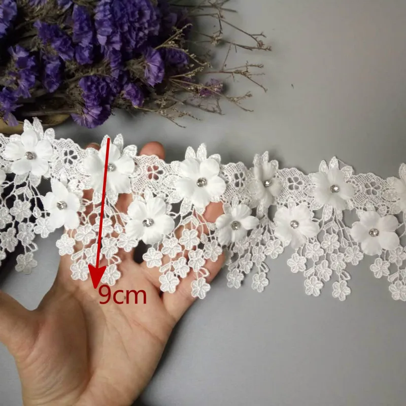 2 ярда Белый 9 см жемчуг 3D цветок кисточка кружевная отделка Лента ткань вышитая