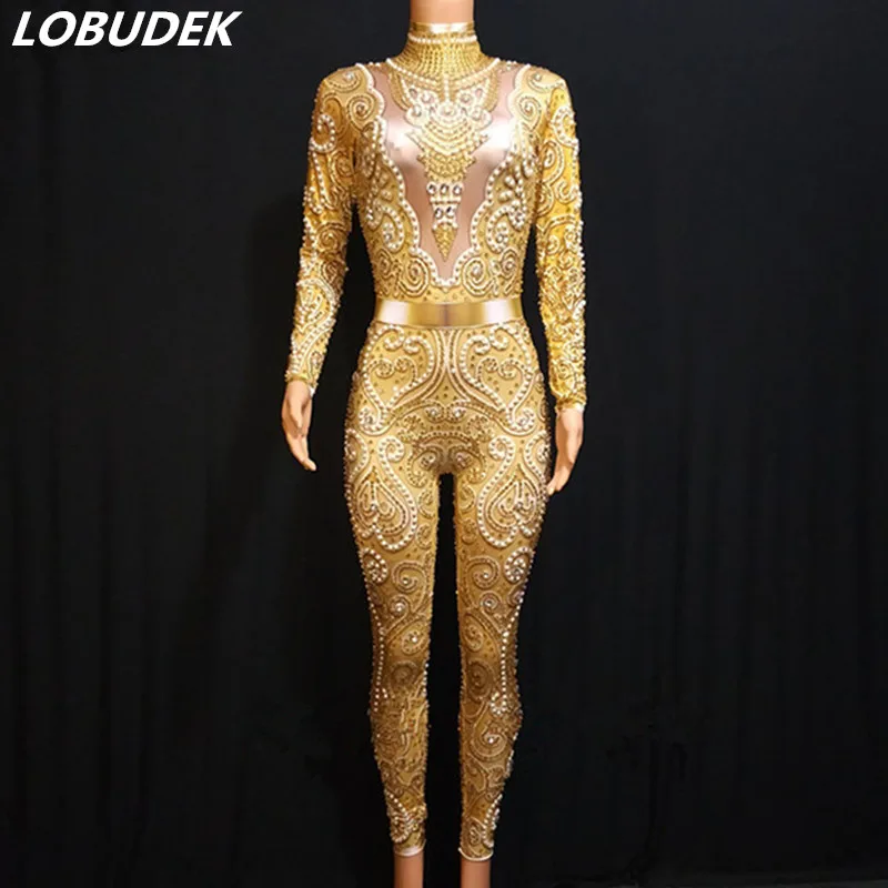 Gold Yellow Золотистый, желтый, с кристаллами, жемчужный комбинезон, сексуальный, обтягивающий, серебристо-серый, стразы, боди для женщин, DJ, бар, певец, подиум, вечерние, сценический костюм - Цвет: Gold Yellow