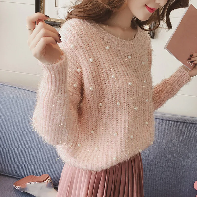 Женский вязаный свитер ZADORIN Однотонный с длинным рукавом украшенный бусинами и