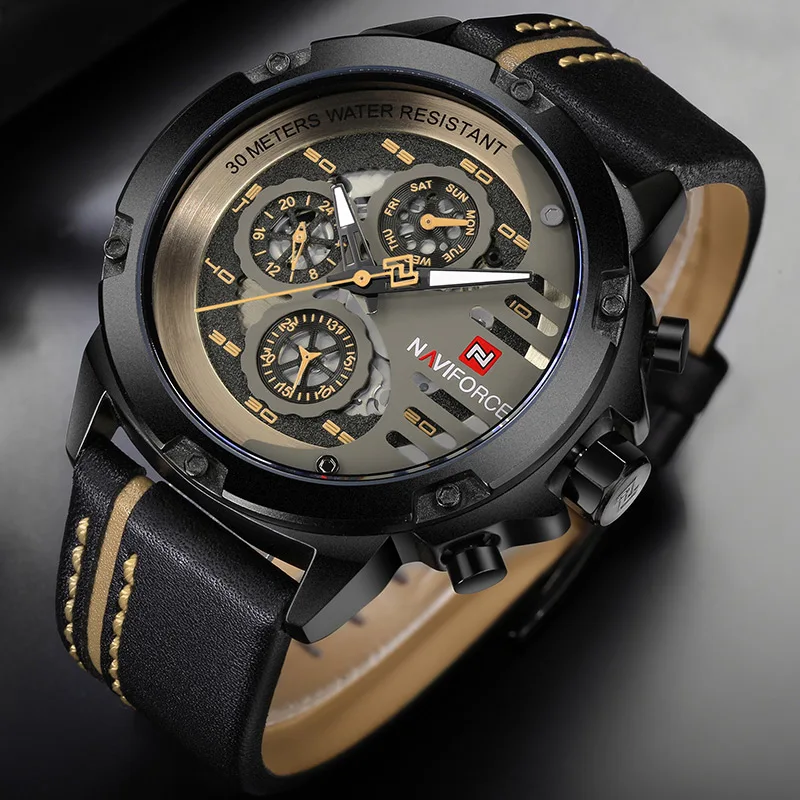 BlackYellow NAVIFORCE Для мужчин модные креативные Кварцевые наручные часы Водонепроницаемый кожаный ремешок спортивные часы Повседневное часы мужской Relogio Masculino - Цвет: BlackYellow
