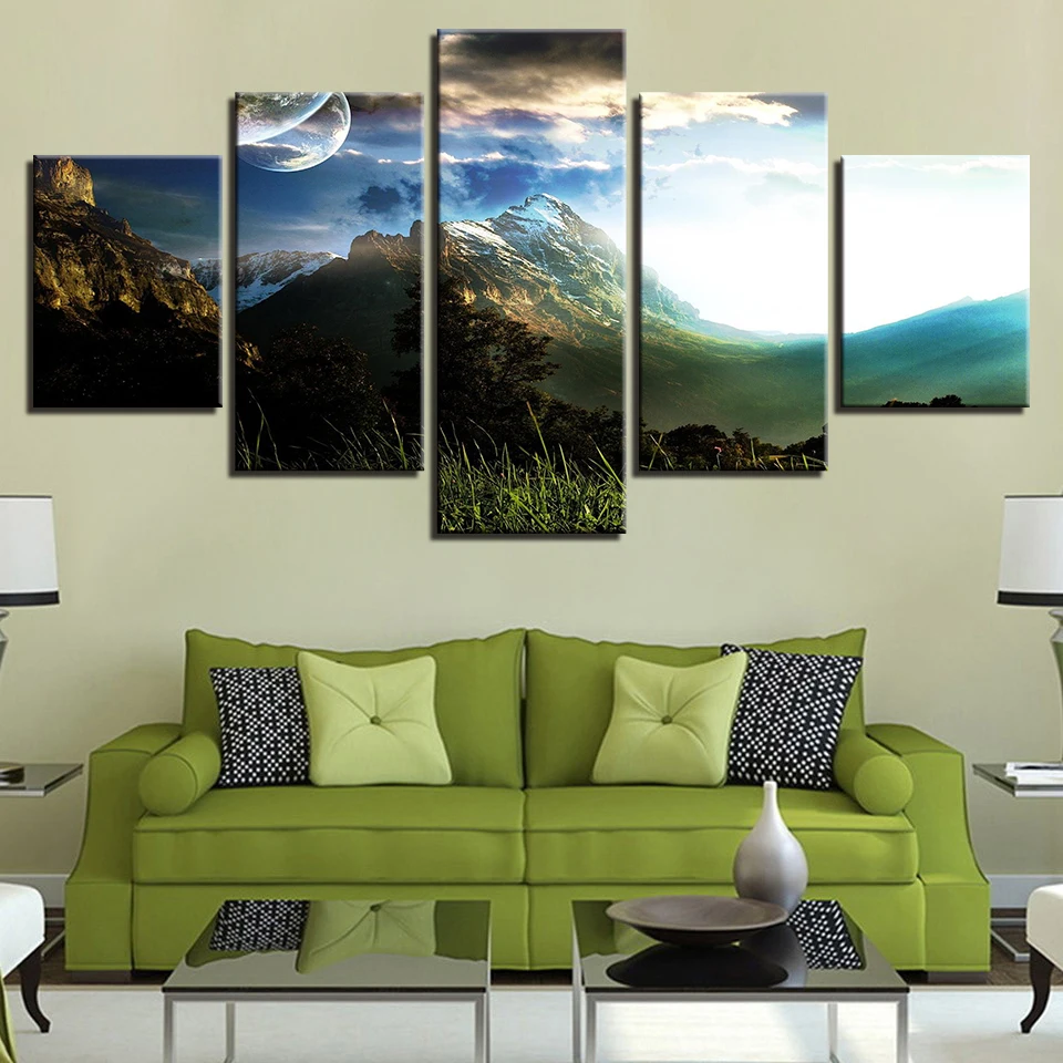Landscape Sky Cloud Star Mountain River Hot Air balloon 5 Pieces Wall Pictures For Living Room color Painting Art Home Decor 87 | Дом и сад