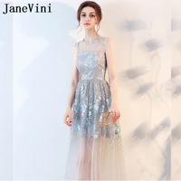 janevini 2018 sexy see through tea length women wedding party dress bridesmaid dresses long blue lace girls summer casual gowns