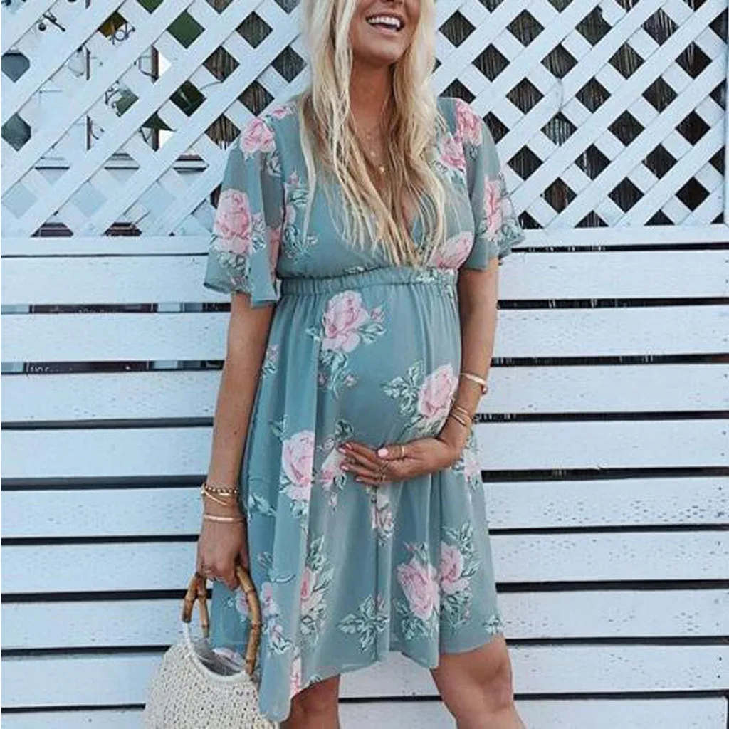 

LONSANT Maternity dress Flower pattern Short-Sleeved Pregnant Dresses ladies floral Clothes Women Pregnants skirts drop ship new