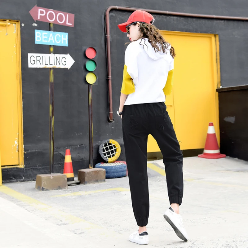 рваные джинсы для женщин чёрные Сачок Жан брюки свободные женские Рваные 3Xl