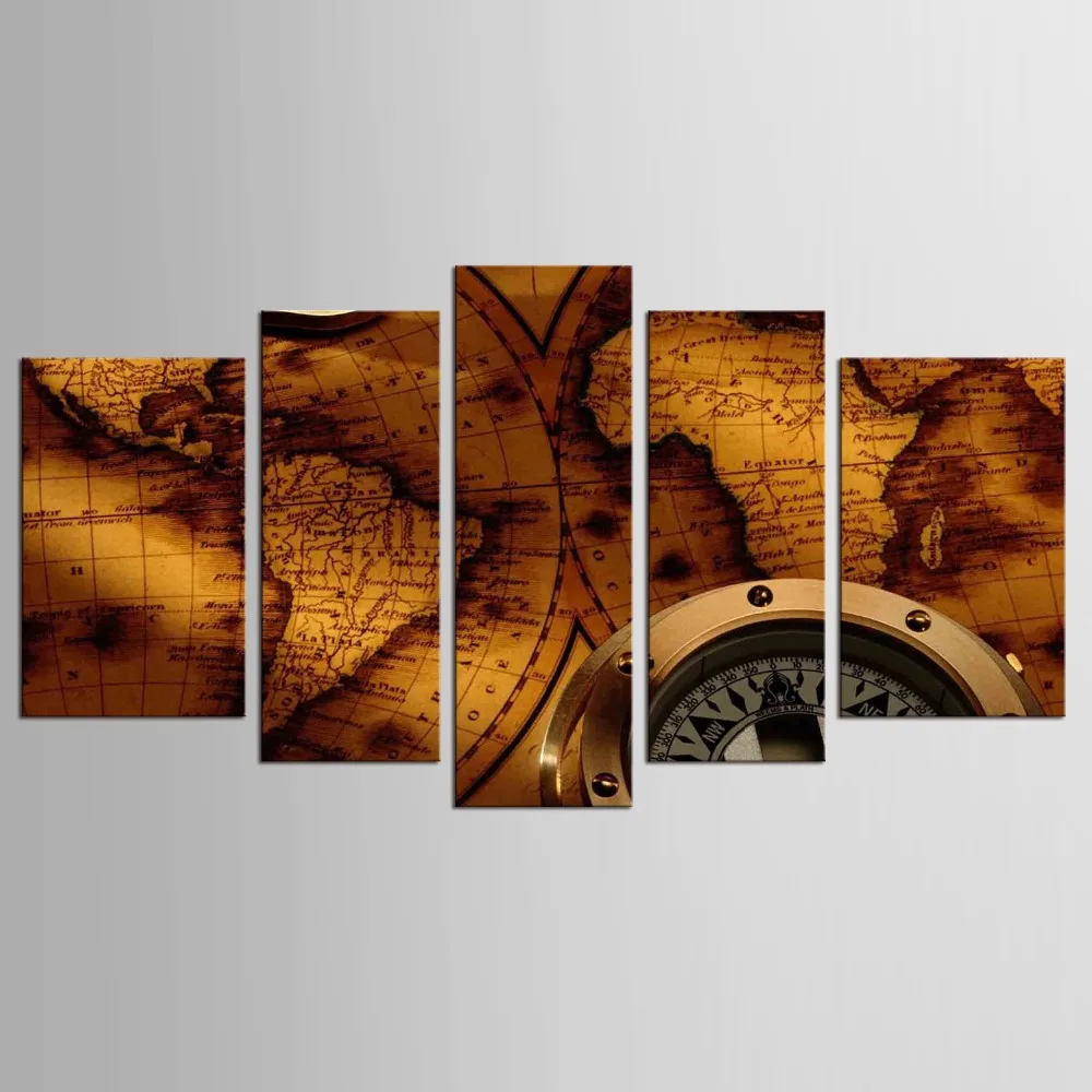 5 panel Golden Clock Map Still Life Wall Painting Home Living Room Decoration Print Picture Canvas | Дом и сад