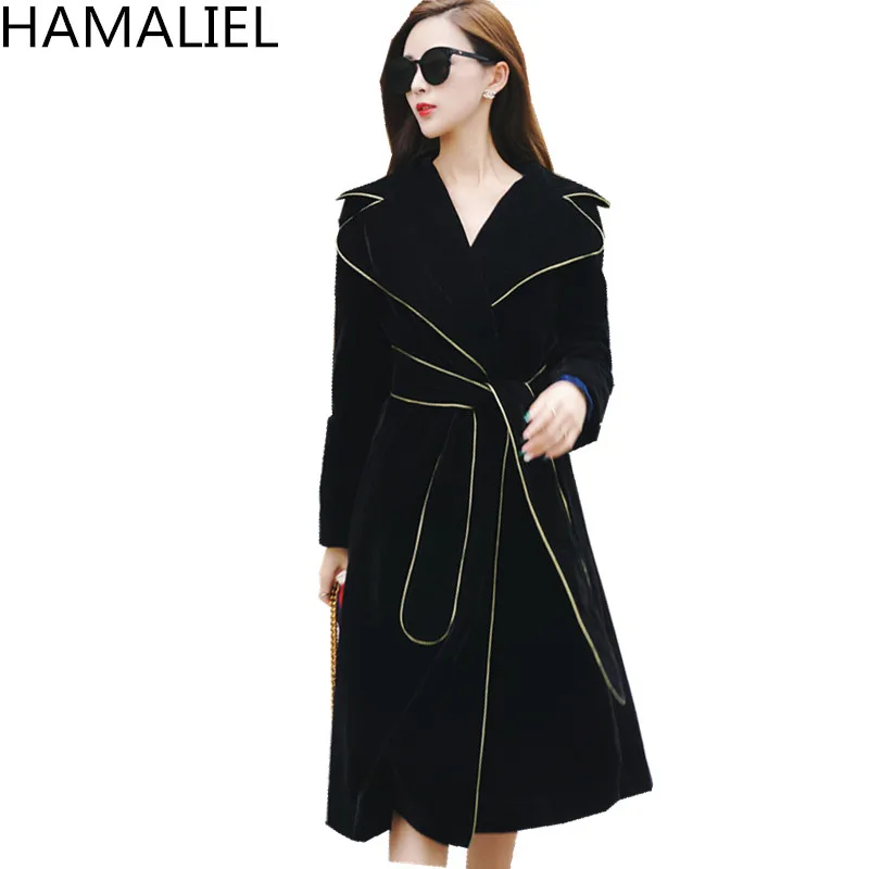 Женское длинное бархатное пальто HAMALIEL черное подиумное с длинным рукавом и