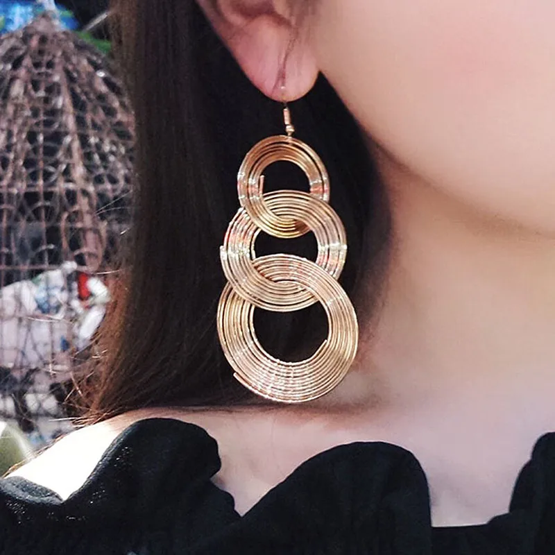 ES550, панк, золотые, цветные, большие, геометрические, 3 круга, металлические, длинные висячие серьги для женщин, богемные, вечерние, Преувеличенные, модные ювелирные изделия