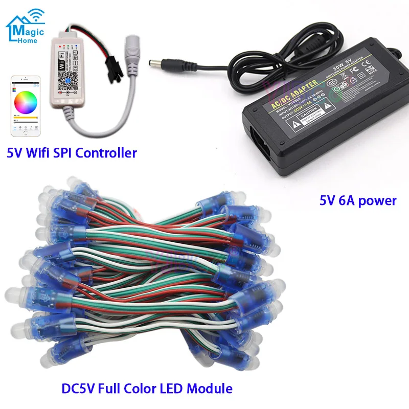 

DC5V 50 шт. WS2811 IC RGB Pixel Светодиодный светильник, полноцветный IP67 ,Wifi светодиодный SPI контроллер, 5 В 6A светодиодный блок питания, зарядное устройс...