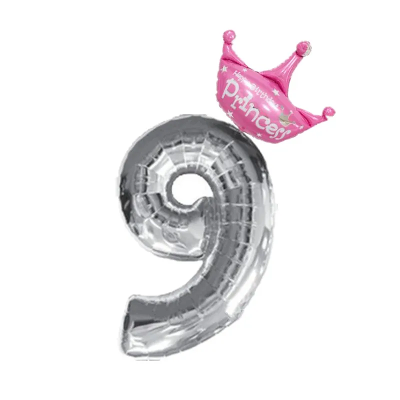 9 With Pink Crown 32/40 дюймовые серебряные воздушные шары из фольги для детей 1, 2, 3, 4, 5, 6, 7, 8, 9 лет с короной, неоновые Стикеры для маленьких мальчиков и девочек - Цвет: 9 With Pink Crown