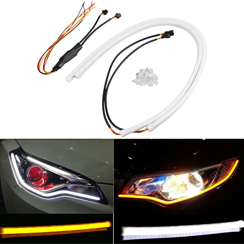 

White Amber Hot 2PCS 45CM DRL Flexible LED Tube Strip Daytime Running Lights Turn Signal Angel Eyes Car Styling Parking Lamps