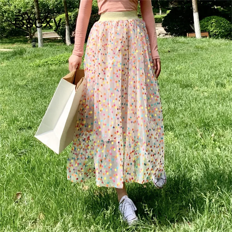 

Clearance Female Elastic Waist long skirt colorful polka Dot ball grown Mesh Maxi skirt Women Summer Beach High Waist Tutu Skirt