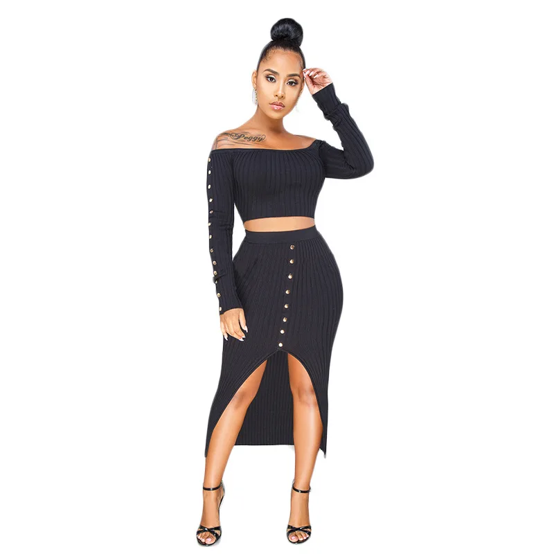Two Piece Set Ribbed Long Sleeve Strapless Crop Top and Bodycon Skirt Dress 2 Women's Suits Outfits | Женская одежда