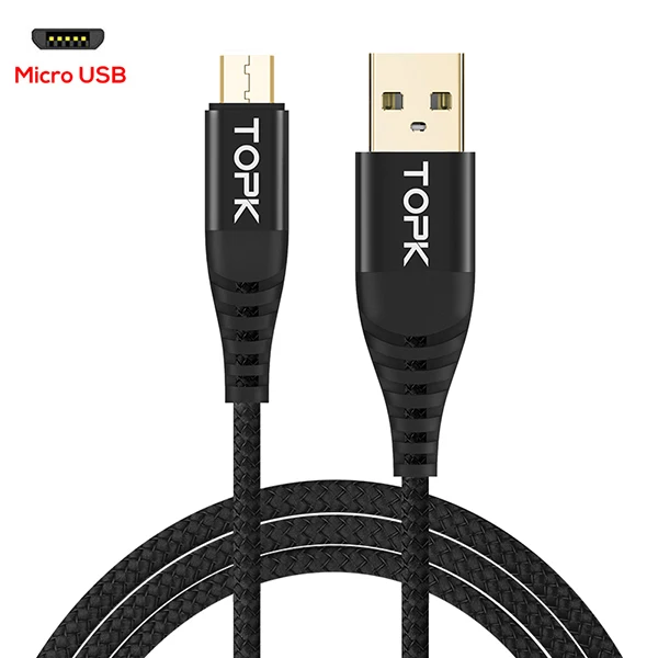 Black TOPK кабель micro usb нейлон синхронизации данных usb кабель для samsung S7 A5 A7 J7 Примечание 3 для huawei Xiaomi Redmi note зарядный кабель - Цвет: Black