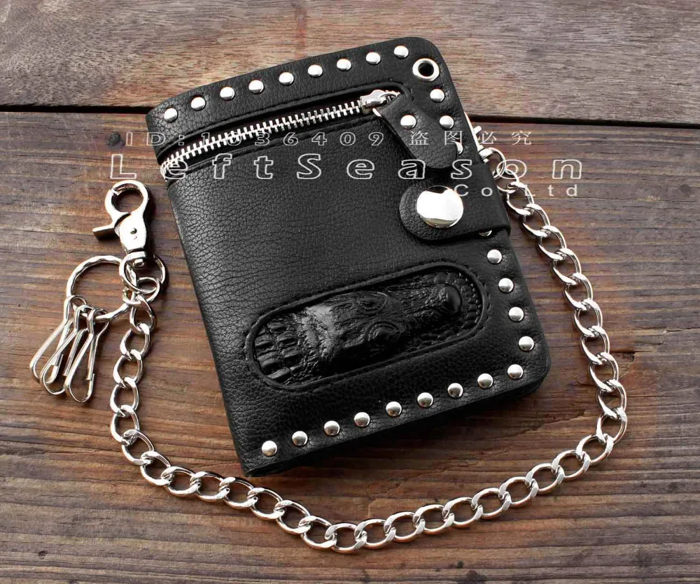 Мужской черный двойной кожаный кошелек с цепочкой Байкер панк готический