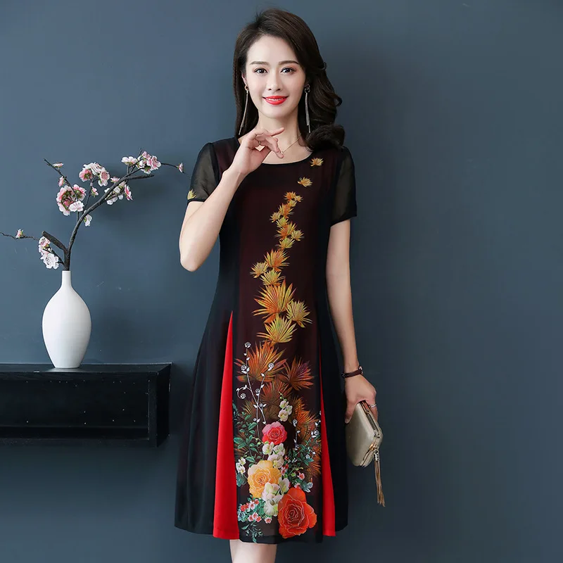 Элегантное шифоновое платье с принтом для женщин на лето 2019 платья средней длины