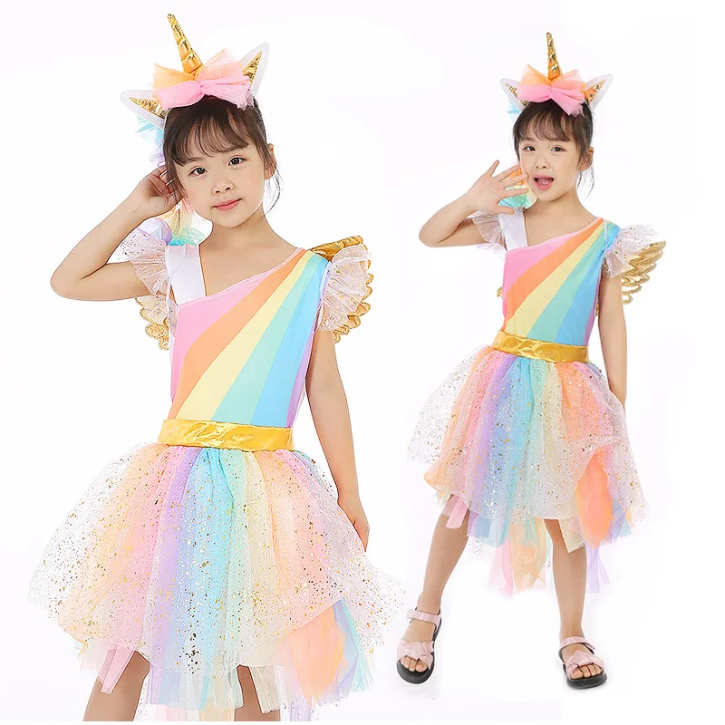DKDGNY Kids Rainbow Unicorn Dress Girls Cosplay Costume Children Princess Dresses Hair Hoop Wing Set Halloween Party Tutu | Детская