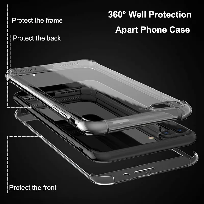 Прозрачный ТПУ чехол HD для iPhone 7 8 Plus чехлы с 360 защитой 2 слойный Мягкий