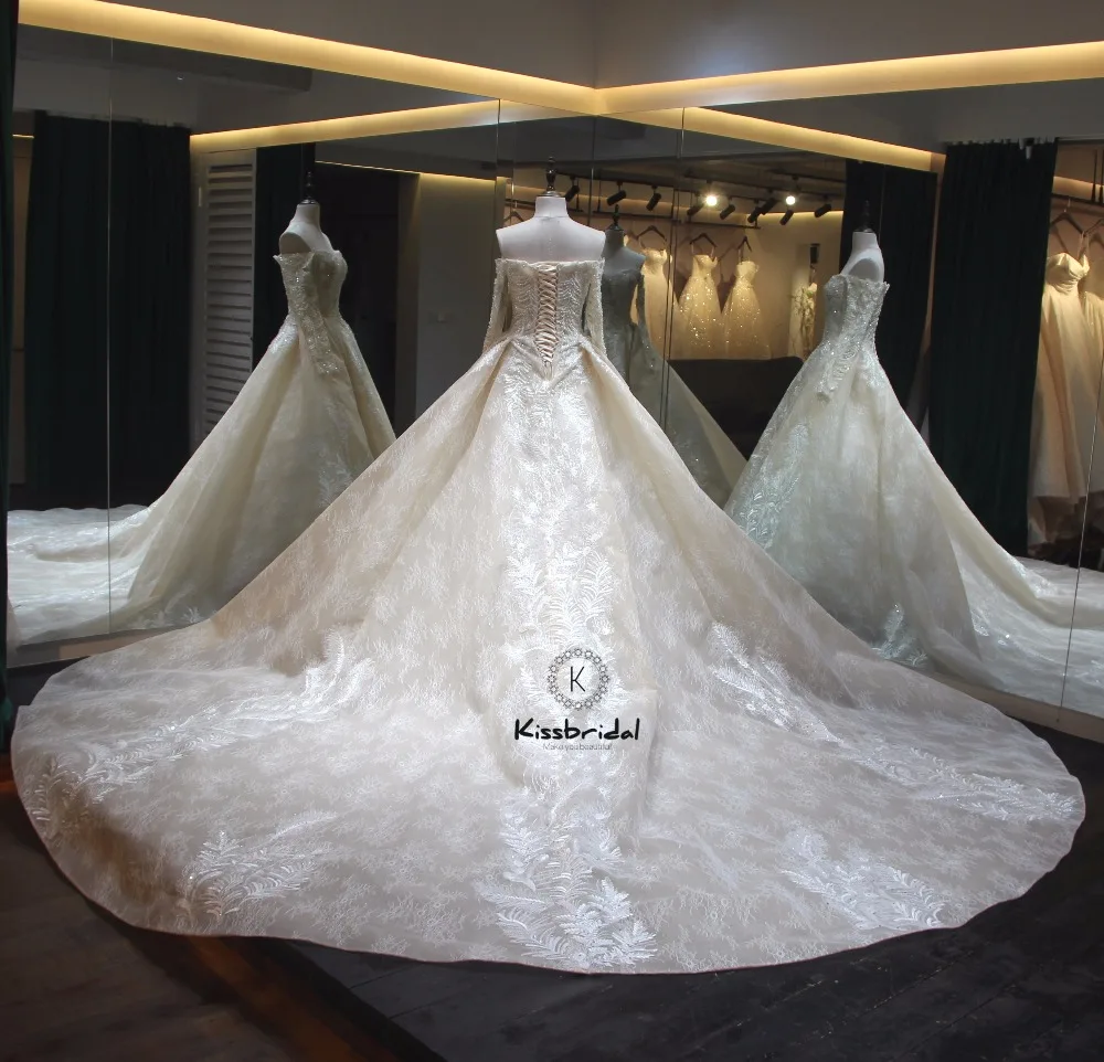 Новые Роскошные свадебные платья 2018 с вырезом лодочкой и длинным рукавом