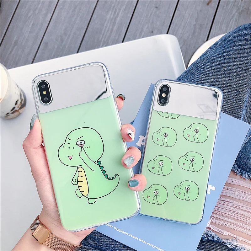 Роскошный зеркальный чехол для iPhone7 6 6S 8 Plus X XR XS Max с милым мультяшным динозавром