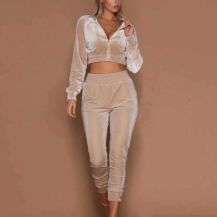 

2020 ITFABS Newest Arrivals Fashion Hot Women Casual Simple Hoodie Sweatshirt Pant Set Female Wear Midriff-baring Casual Suit