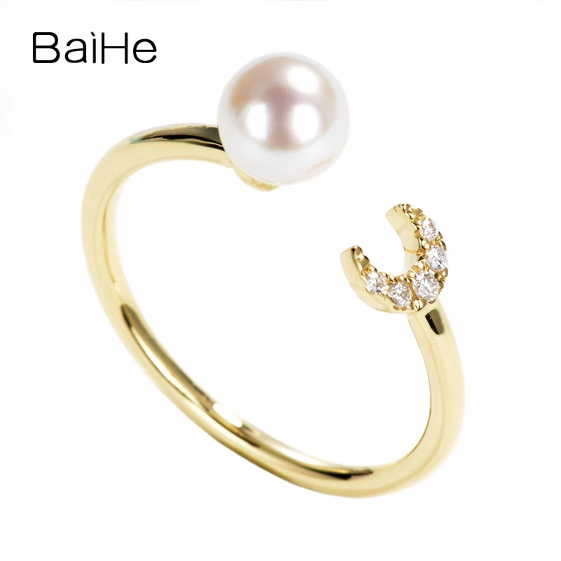 BAIHE Solid 14K желтое золото 5 мм безупречный пресноводный жемчуг для помолвки женские