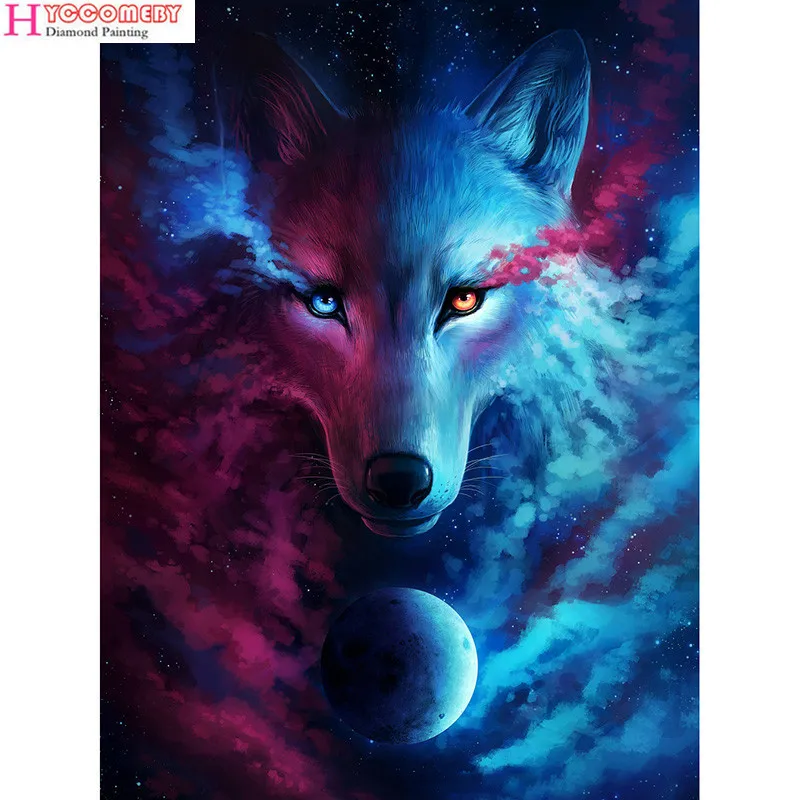 5D DIY полный квадрат/круглая дрель Алмазная картина крестиком Луна и Волк 3D