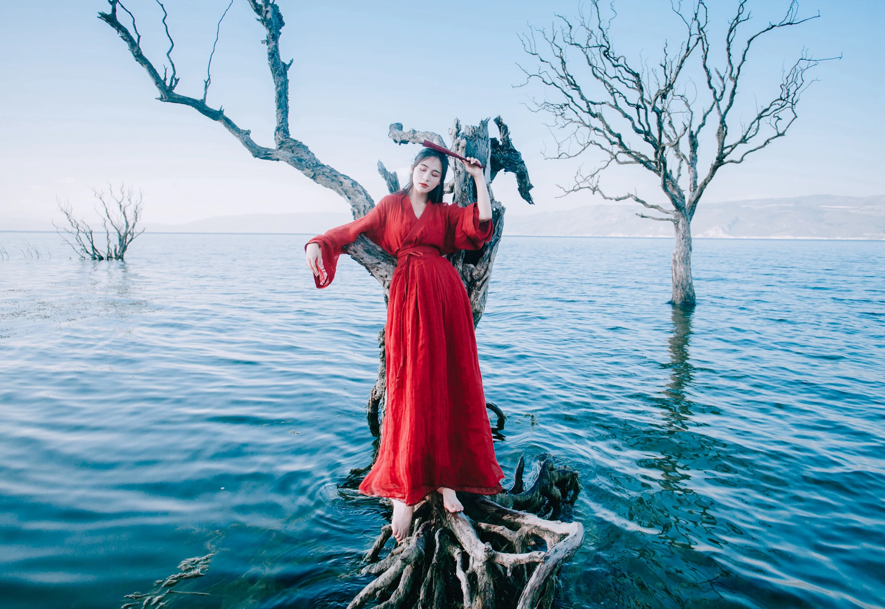 Khale Yose, осень, современное Hanfu платье с длинным рукавом, красное Женское Платье макси с запахом, бохо, китайский Hanfu, женское платье, одежда