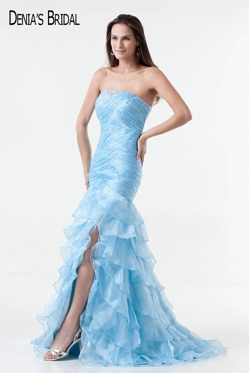 Синее вечернее платье-Русалка с оборками без бретелек | Свадьбы и торжества