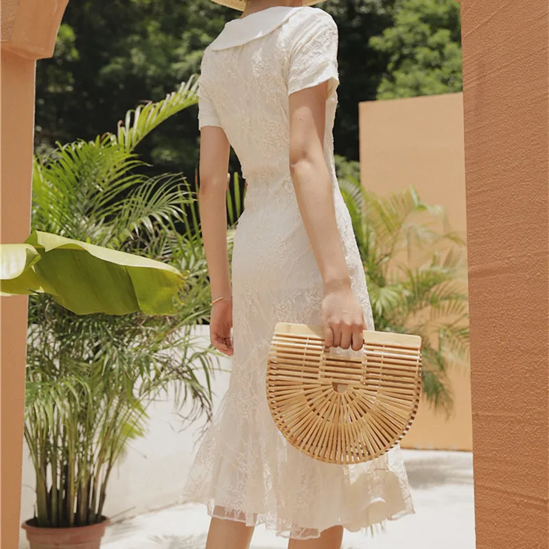 SWEETXUE Vintage Fishtail Dress New Summer Slim Short-Sleeved Three-Dimensional Flower Decoration Fairy Lace Midi Party Dresses | Женская