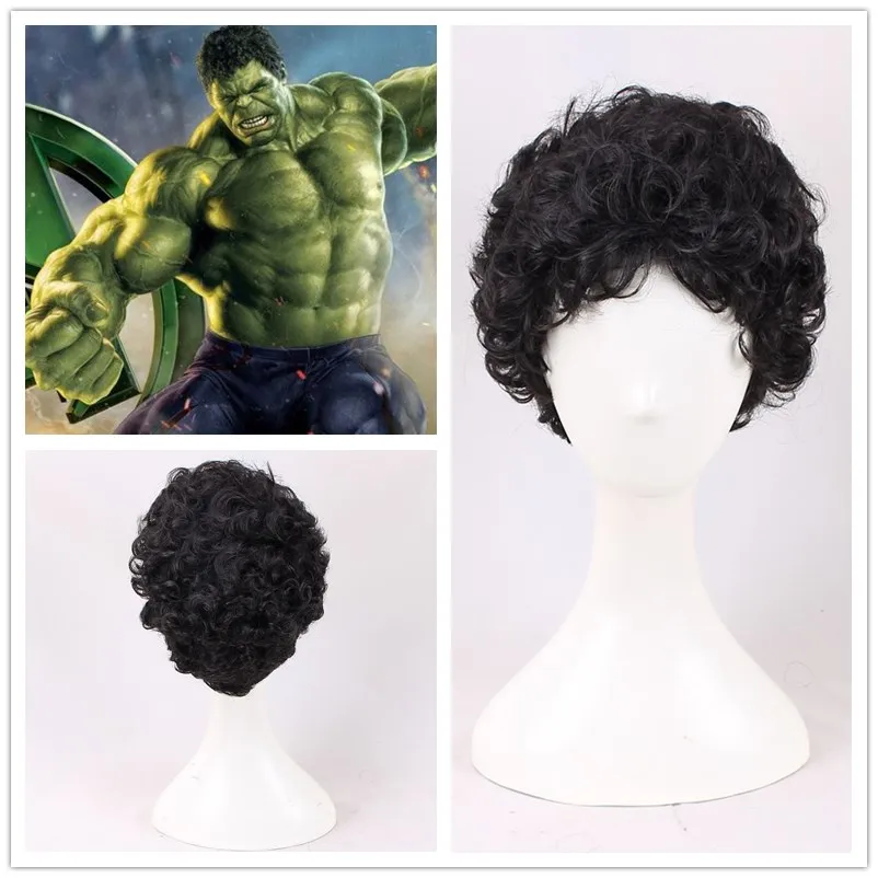 Peluca de superhéroe de Hulk para adulto, pelo sintético negro rizado, planta de Hulk, James, Bruce, Banner + gorro