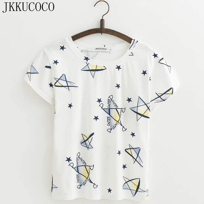 JKKUCOCO Print five-pointed star tees tops Hot Shirt Cotton T-shirt Women t shirt Short Sleeve O-neck Casual t-shirts XS-XL | Женская