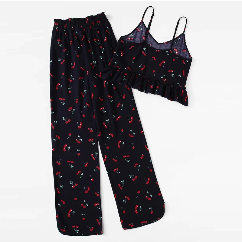 Dotfashion, темно-синий, с принтом вишни, с рюшами, на бретельках и штанах, пижамный комплект, сексуальная пижама для женщин,, Летняя Повседневная Домашняя одежда, кавайное ночное белье