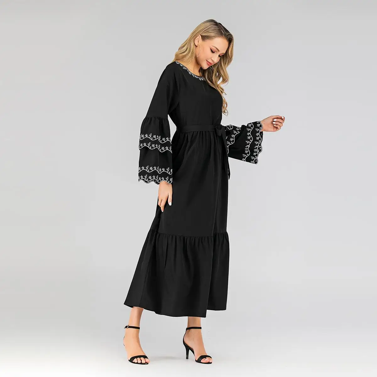 Abaya Women Muslim Long Sleeve Maxi Dress Islamic Arab Loose Robes Lady Gown Ruffle Puff Draped Design O-neck Dubai | Тематическая