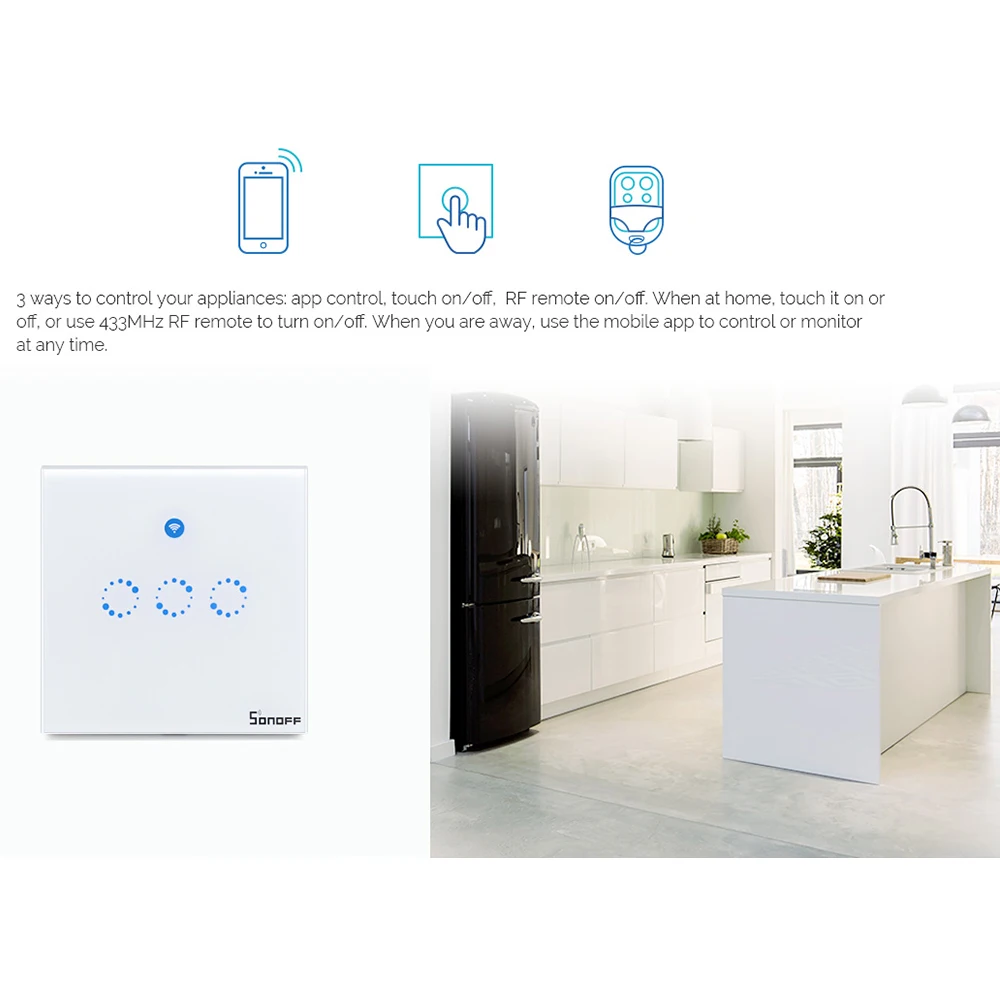 Sonoff T1 ЕС Smart Wi-Fi стены сенсорный выключатель света 1 Gang 2 Touch/Wifi/RF 433/APP удаленного