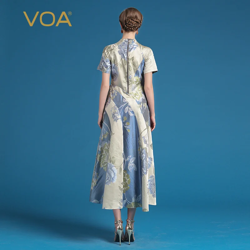 Винтажное шелковое жаккардовое платье VOA длинное с коротким рукавом и высоким